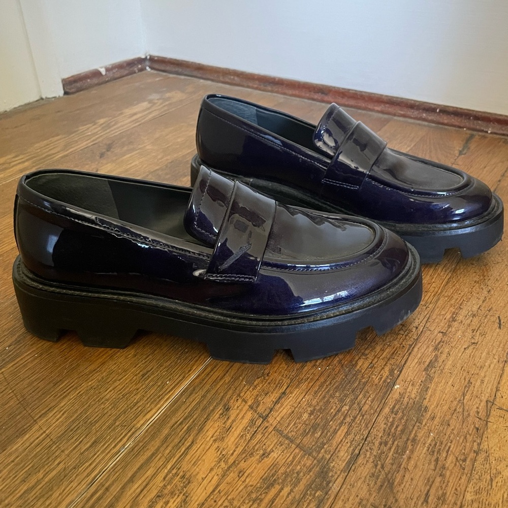 women’s chunky navy patent loafers